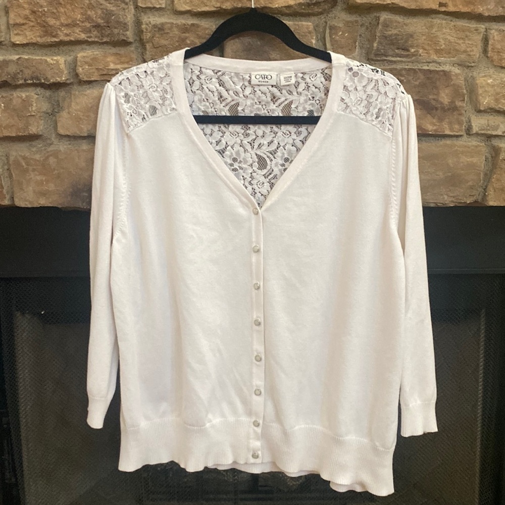 Cato Woman white cardigan w/ pearlized buttons. Back is see through lace. 22/24W